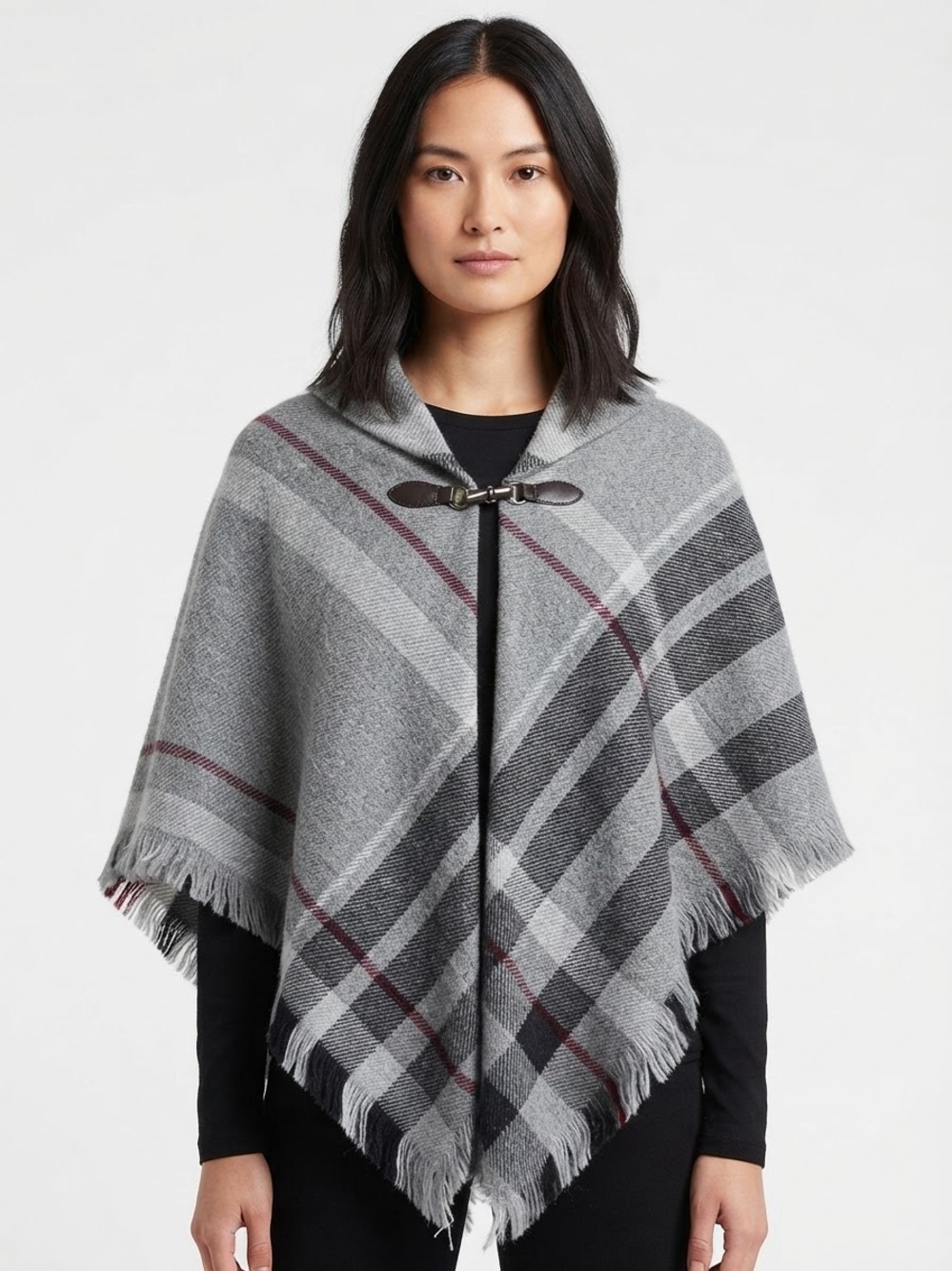 Sears Gray Plaid Fringe Poncho with Faux-Leather Toggle Closure Size OS
